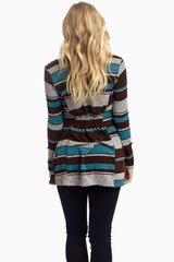 Brown Teal Striped Knit Cardigan