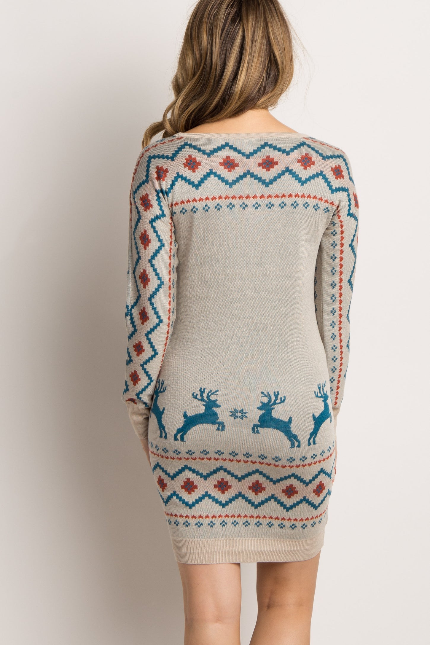 Beige Reindeer Fitted Maternity Sweater Dress