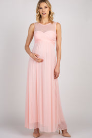 Light Pink Mesh Neckline Ruched Bust Maternity Evening Gown