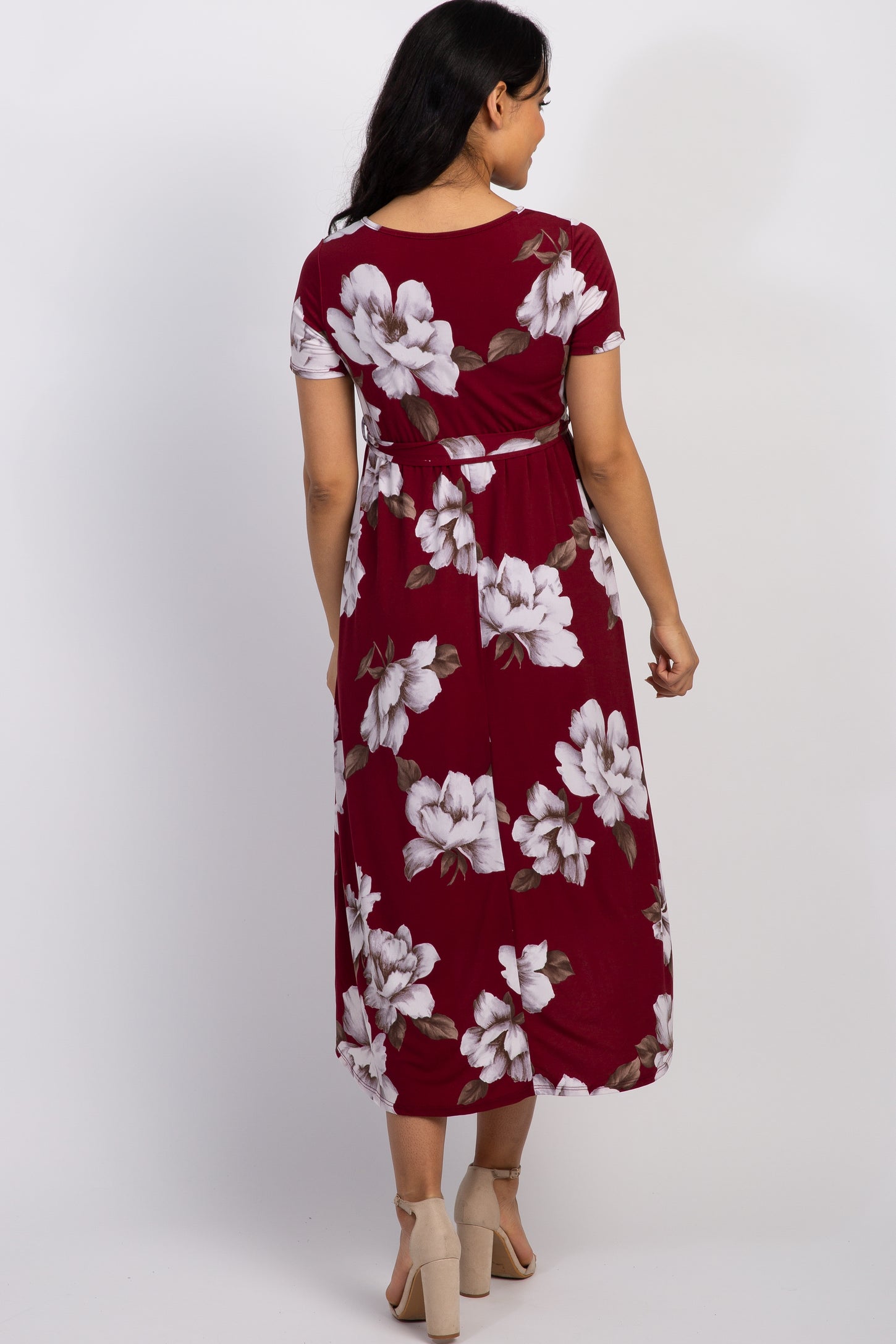 PinkBlush Burgundy Floral Hi-Low Midi Maternity/Nursing Wrap Dress