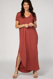 PinkBlush Rust Solid Short Sleeve Maxi Dress