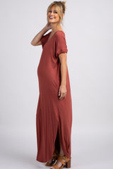 PinkBlush Rust Solid Short Sleeve Maternity Maxi Dress