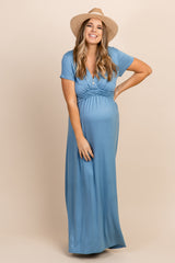 Blue Draped Plus Maternity/Nursing Maxi Dress
