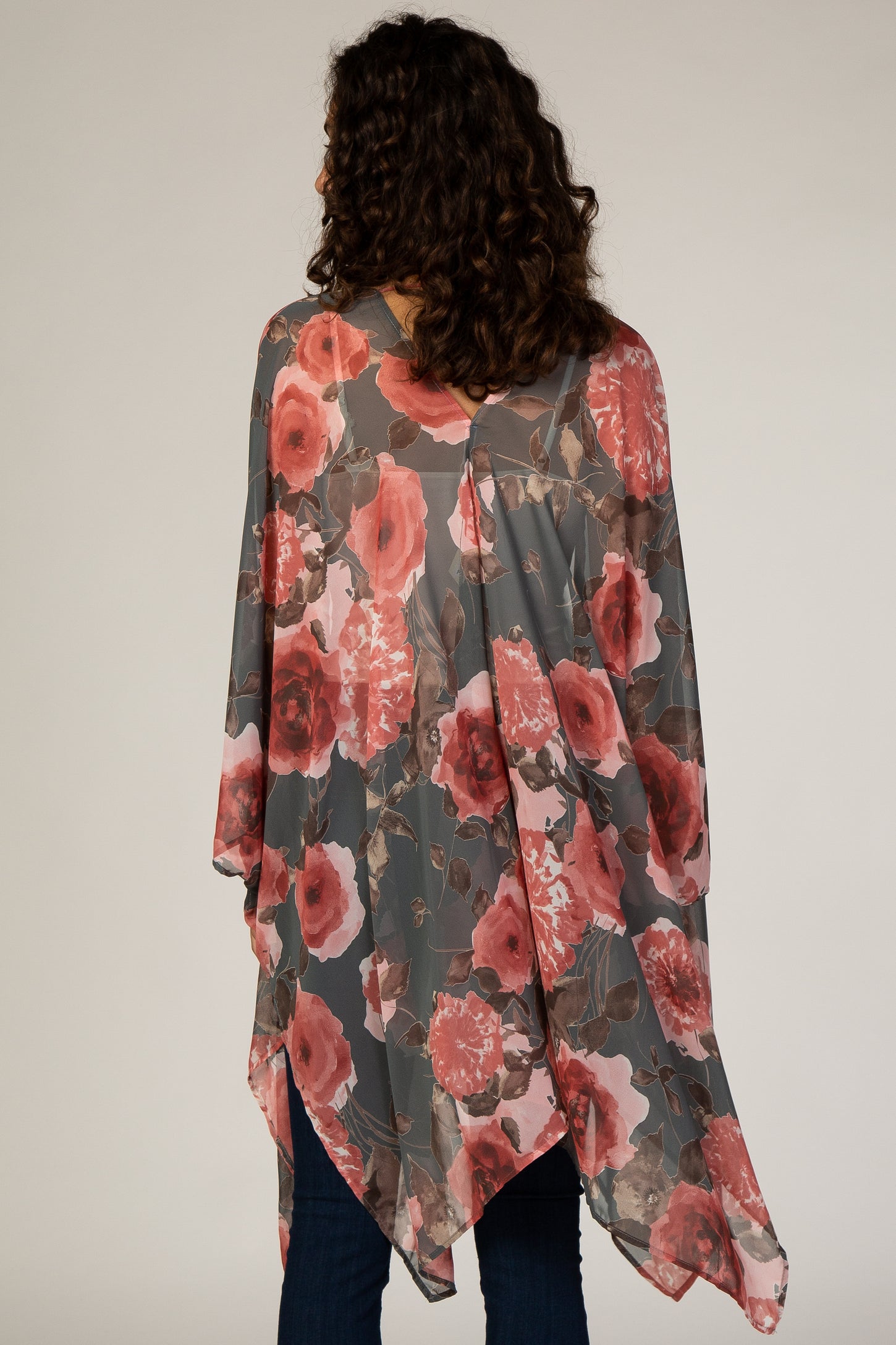 PinkBlush Grey Floral Chiffon Open Front Cover Up