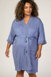 PinkBlush Blue Crochet Trim Plus Delivery/Nursing Maternity Robe