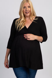 Black Draped Front 3/4 Sleeve Maternity/Nursing Plus Top