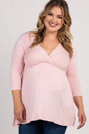 Pink Draped Front 3/4 Sleeve Maternity/Nursing Plus Top