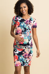 PinkBlush Navy Neon Floral Print Fitted Maternity Dress