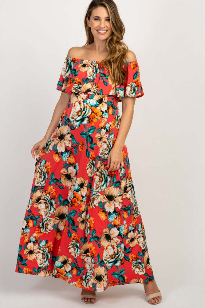 PinkBlush Coral Floral Off Shoulder Maternity Maxi Dress