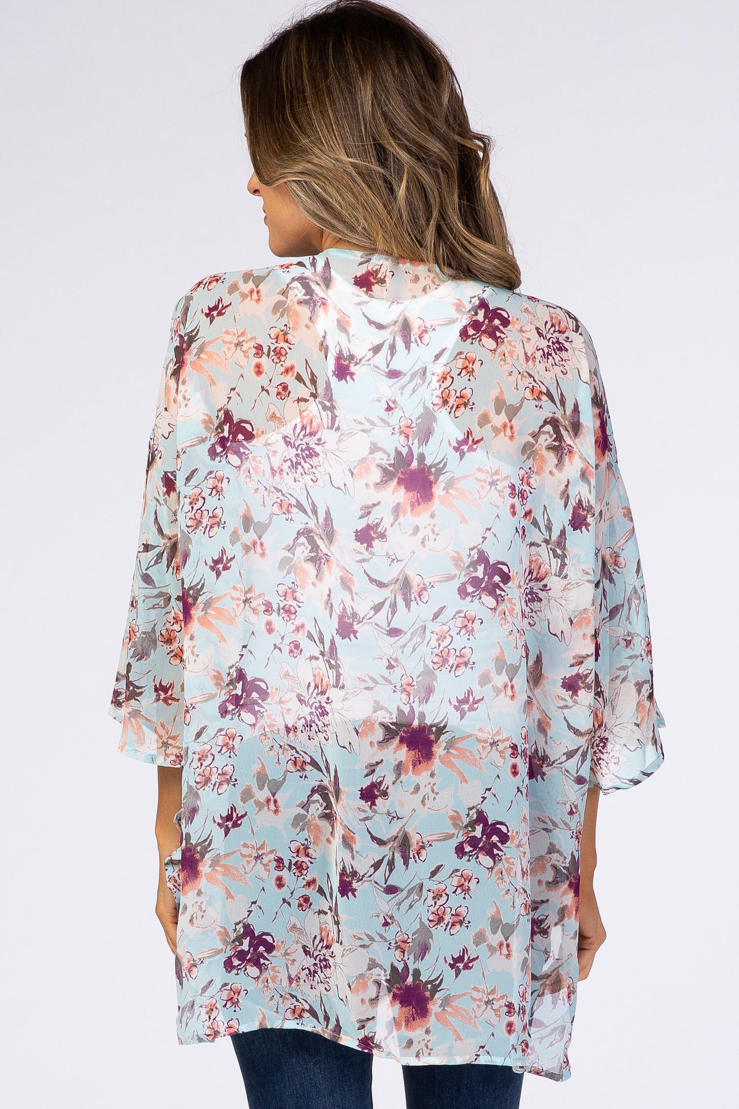 Light Blue Floral Chiffon Bell Sleeve Cover Up