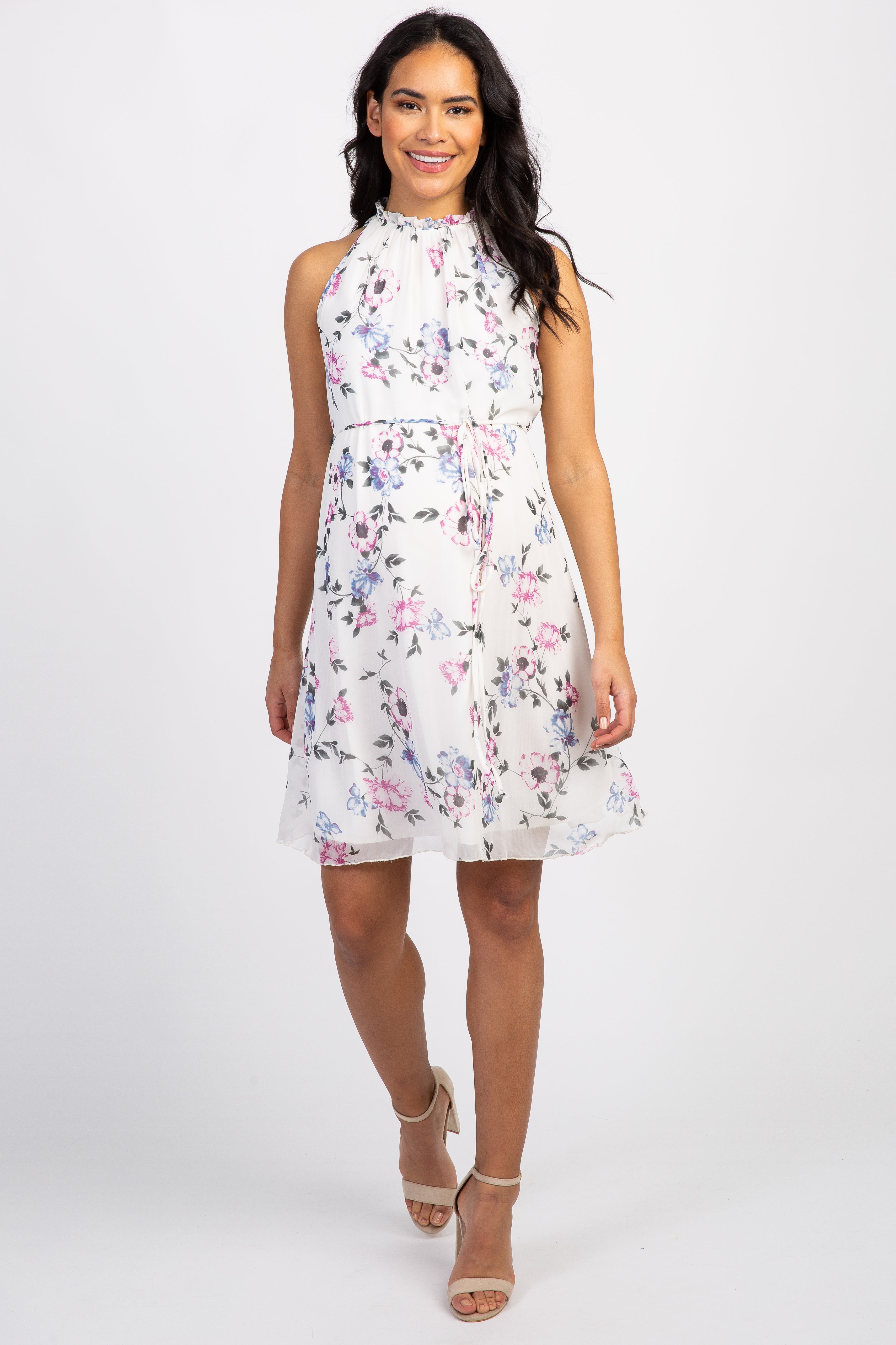 Ivory Floral Chiffon High Neck Maternity Dress