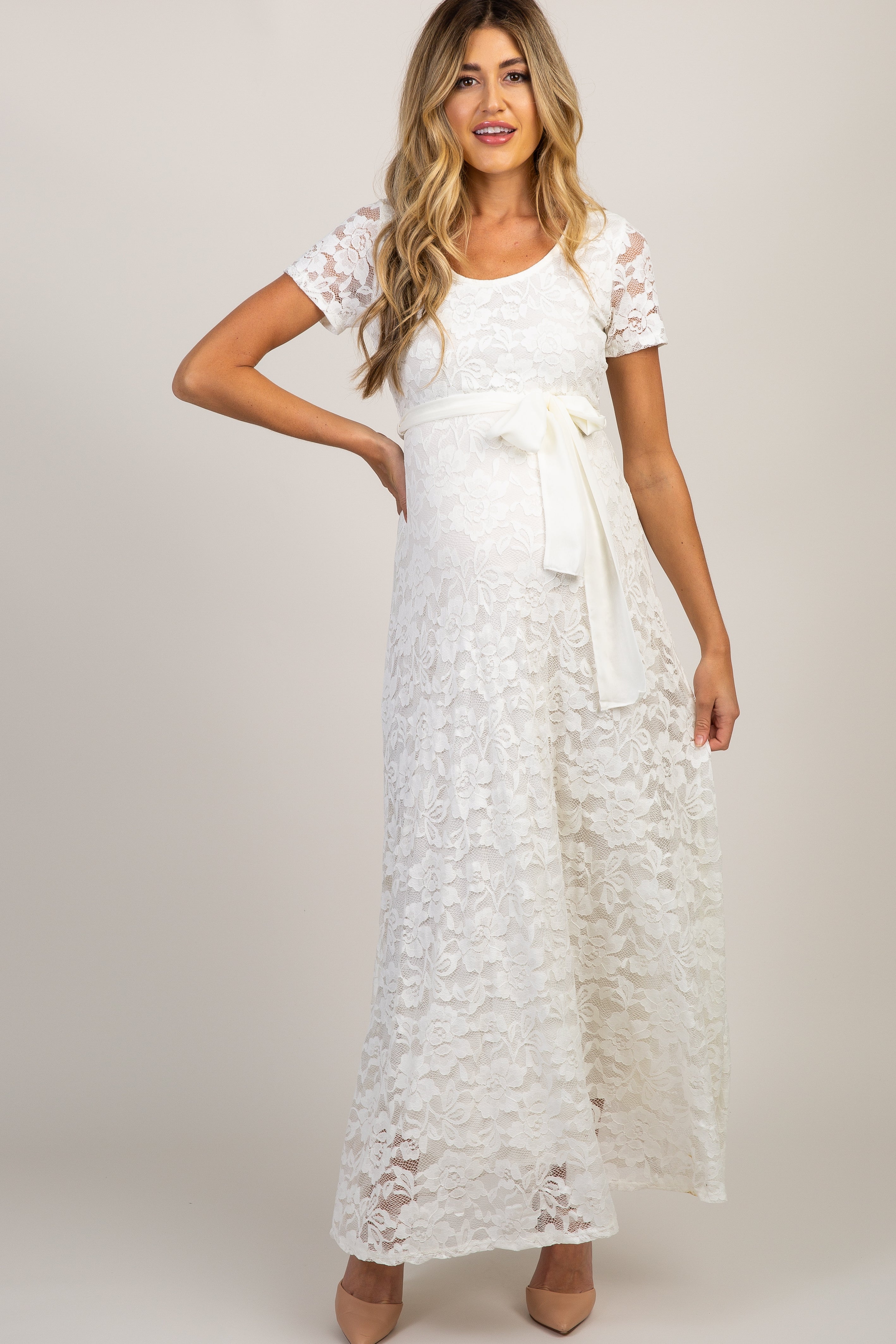 Ivory Lace Sash Tie Maternity Gown