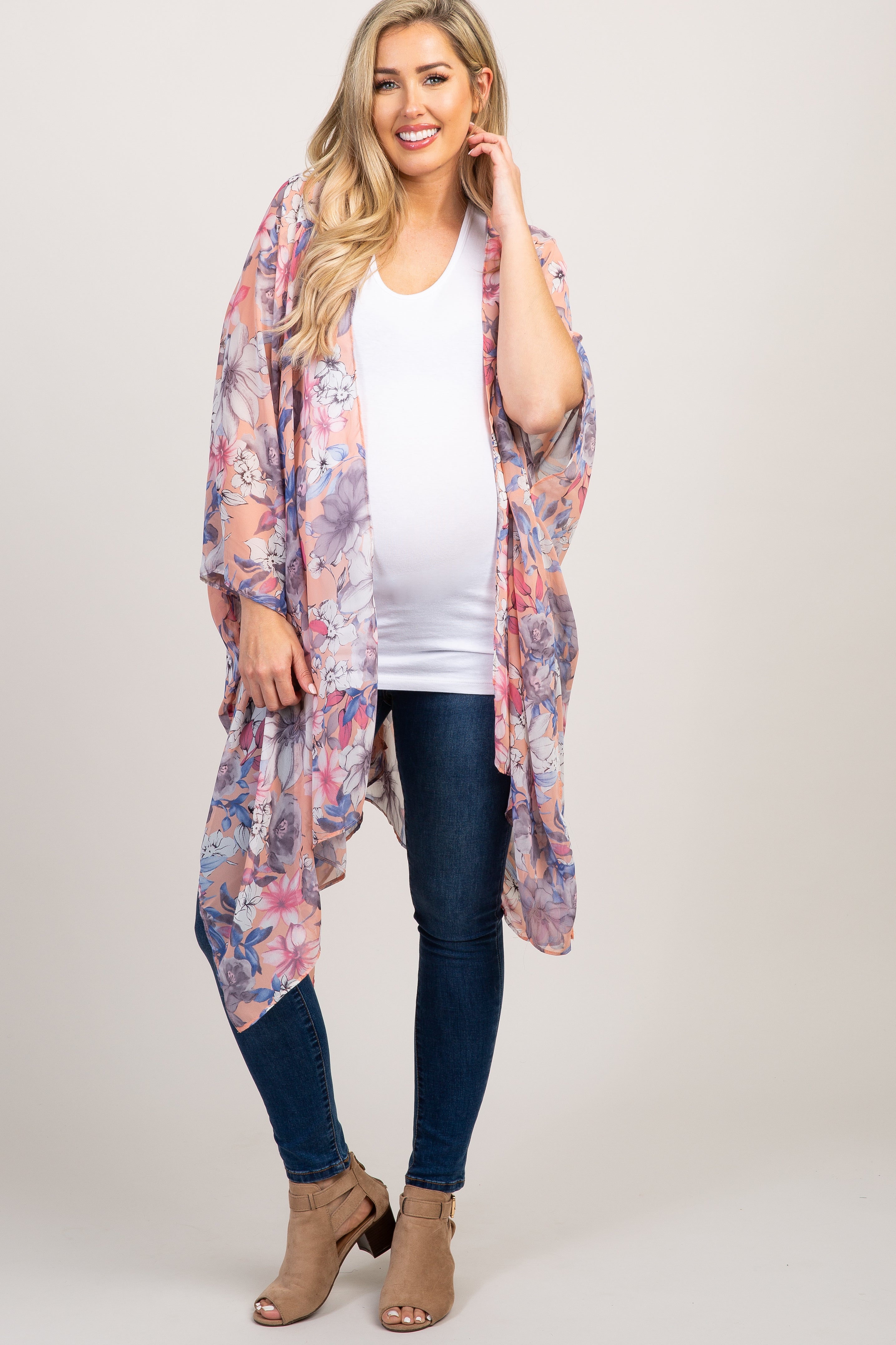 Peach Floral Chiffon Oversized Maternity Cover Up