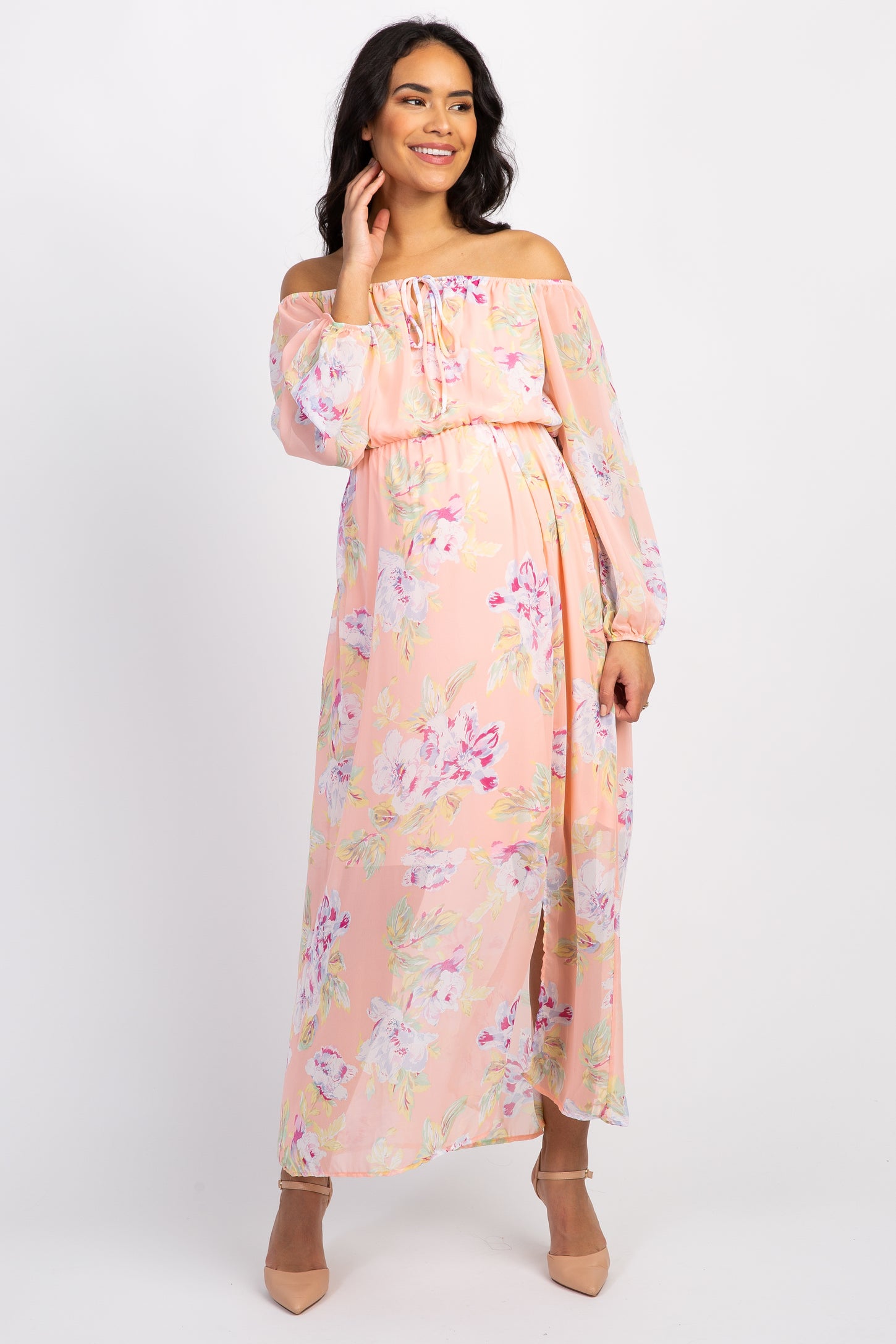 Peach Floral Off Shoulder Maternity Maxi Dress