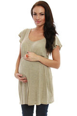 Taupe Crochet Back Short Sleeve Maternity Shirt