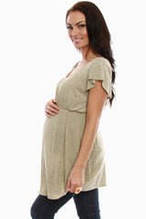 Taupe Crochet Back Short Sleeve Maternity Shirt