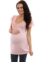 Pink Chiffon Detail Short Sleeve Maternity Shirt