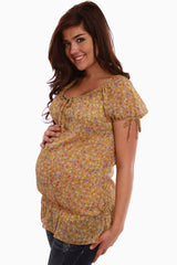 Yellow Floral Sheer Short Sleeve Maternity Shirt