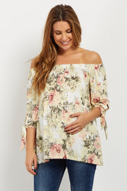 Ivory Floral Off Shoulder Tie Sleeve Maternity Top