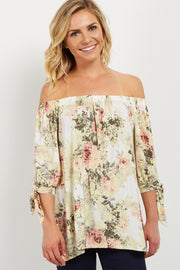 Ivory Floral Off Shoulder Tie Sleeve Top