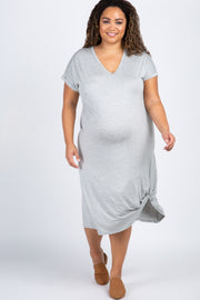 Heather Grey Short Sleeve Knot Plus Maternity Dress