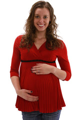 Red Pleated 3/4 Sleeve Maternity Shirt