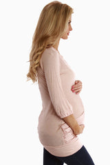 Beige Satin Trim Long Sleeve Maternity Shirt