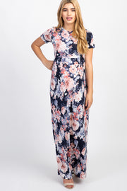 PinkBlush Navy Floral Short Sleeve Maternity Maxi Dress