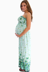 Green Print Strapless Maxi Maternity Dress