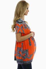 Orange Print Short Sleeve Maternity Shirt