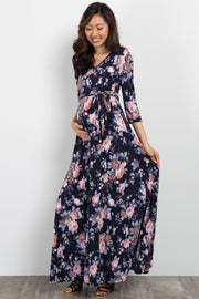 Navy Rose Floral Maternity Wrap Maxi Dress