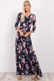 Navy Rose Floral Wrap Maxi Dress