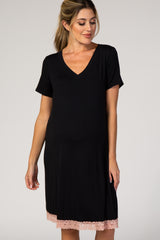 PinkBlush Black Lace Trim V-Neck Maternity Sleep Dress