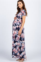 Navy Floral V Neck Knot Front Maternity Maxi Dress
