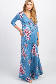 PinkBlush Blue Floral Sash Tie Maternity/Nursing Wrap Maxi Dress