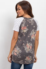 Charcoal Grey Floral Colorblock Striped Sleeve Maternity Top