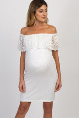 White Lace Off Shoulder Fitted Maternity Dress