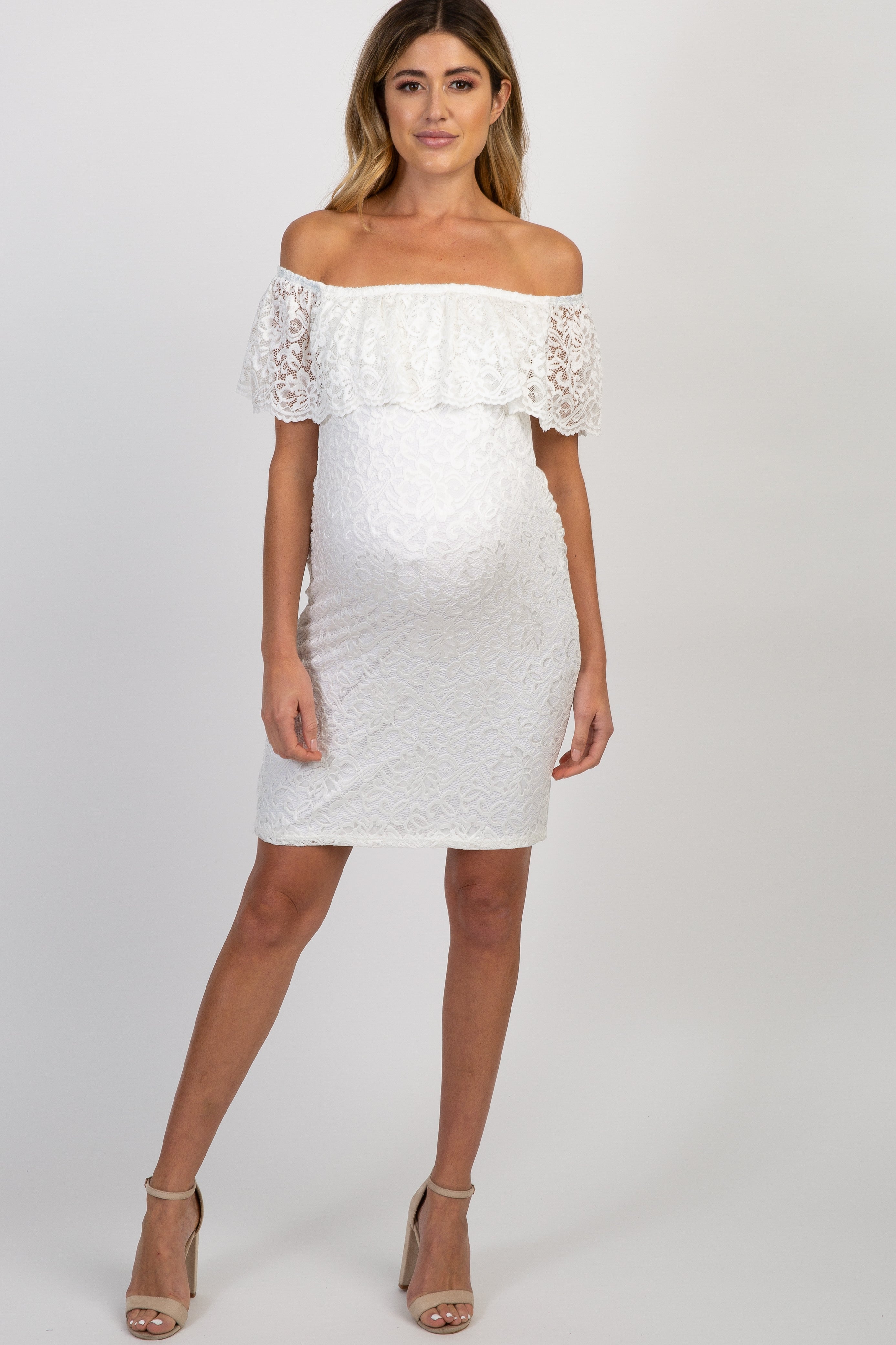 White Lace Off Shoulder Fitted Maternity Dress