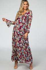 Burgundy Floral Chiffon Wrap Ruffle Maternity Maxi Dress