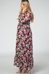 Burgundy Floral Chiffon Wrap Ruffle Maternity Maxi Dress