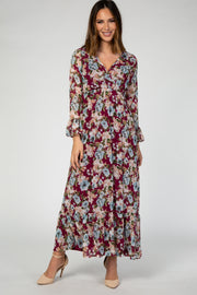 Burgundy Floral Chiffon Wrap Ruffle Maxi Dress