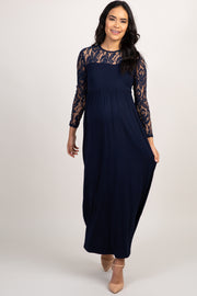 Navy Blue Lace Sleeve Maternity Maxi Dress