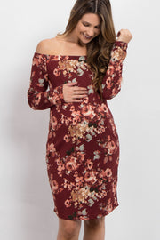 Burgundy Floral Off Shoulder Maternity Dress