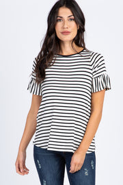 White Striped Ruffle Sleeve Top