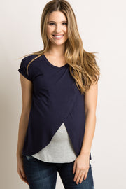 Navy Blue Layered Wrap Front Maternity/Nursing Top