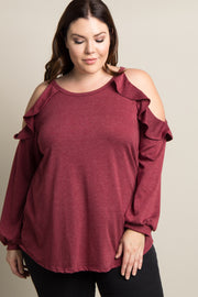 Burgundy Ruffle Trim Cold Shoulder Plus Top