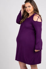 Purple Crisscross Shoulder Bell Sleeve Plus Maternity Dress