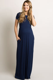 Navy Blue Solid Side Pocket Maternity Maxi Dress