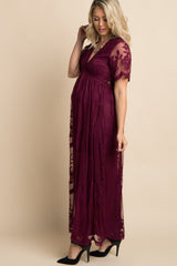 Burgundy Lace Mesh Overlay Maternity Maxi Dress