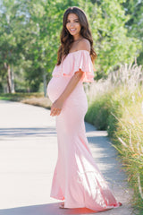 PinkBlush Pink Ruffle Off Shoulder Mermaid Maternity Photoshoot Gown/Dress